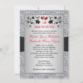 Black Silver Red Hearts, Floral Wedding Invitation (Back)