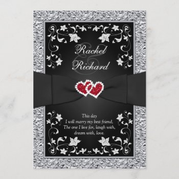 Black Silver Red Hearts  Floral Wedding Invitation by NiteOwlStudio at Zazzle