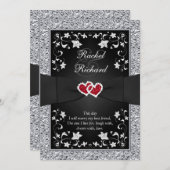 Black Silver Red Hearts, Floral Wedding Invitation (Front/Back)