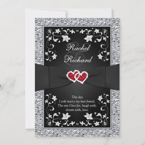 Black Silver Red Hearts Floral Wedding Invitation
