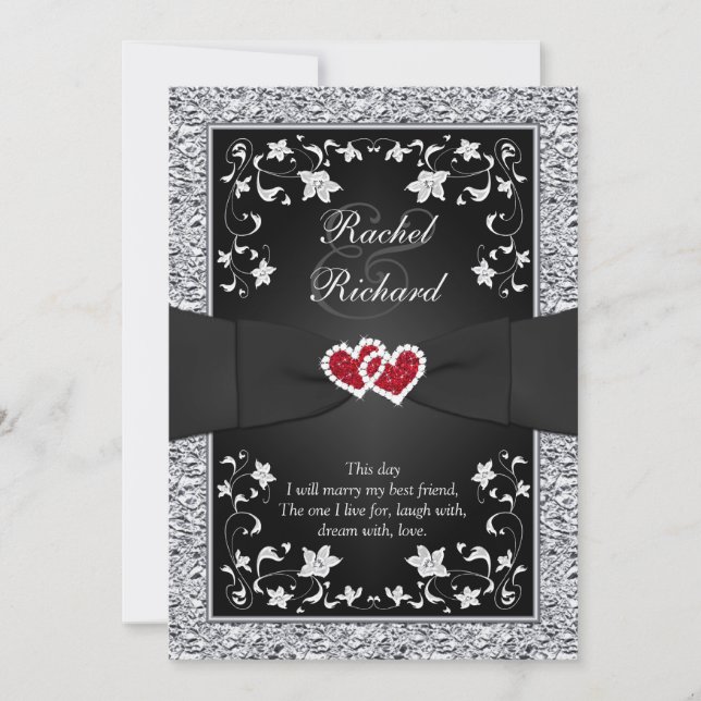 Black Silver Red Hearts, Floral Wedding Invitation (Front)