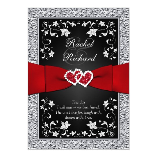 Black Silver Red Hearts Fl Wedding Invitation Zazzle
