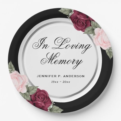 Black Silver Red Pink Floral Memorial Funeral Paper Plates