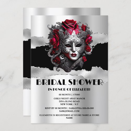 Black silver red rose masquerade bridal shower  invitation