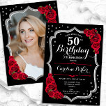 Black Silver Red Roses Photo 50th Birthday Invitation<br><div class="desc">Elegant floral 50th birthday invitation with your photo at the back of the card. Glam black and red design with faux glitter silver. Features red roses, script font and confetti. Perfect for a stylish adult bday celebration party. Personalise with your own details. Can be customised for any age! Printed Zazzle...</div>