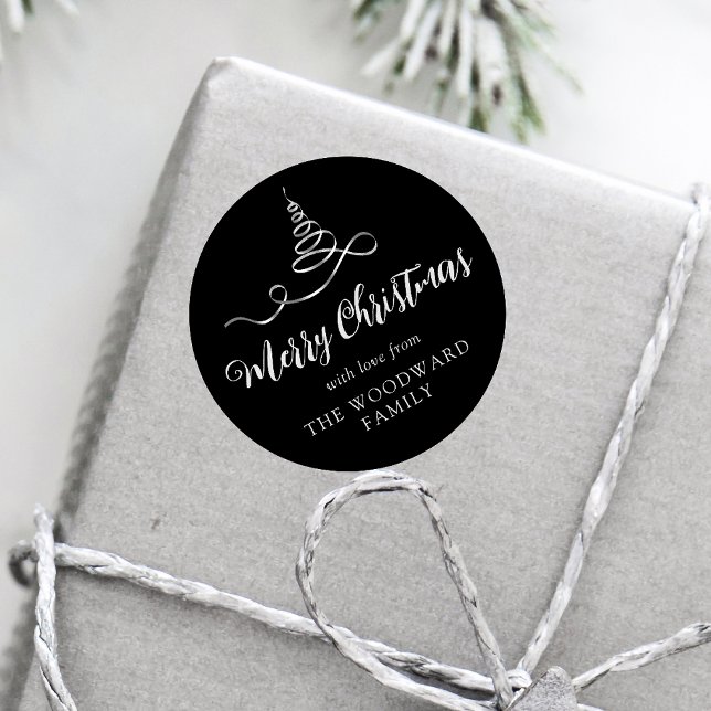 Black Silver Ribbon Tree Merry Christmas Script Classic Round Sticker (Creator Uploaded)