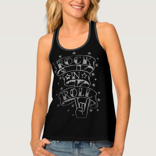 Black  Silver Rock  Roll Logo Ladies Tank Top