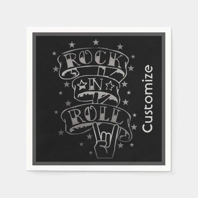 Black & Silver Rock & Roll Logo Napkins (Front)