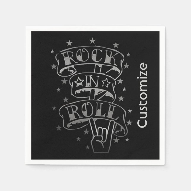 Black & Silver Rock & Roll Logo Napkins (Front)