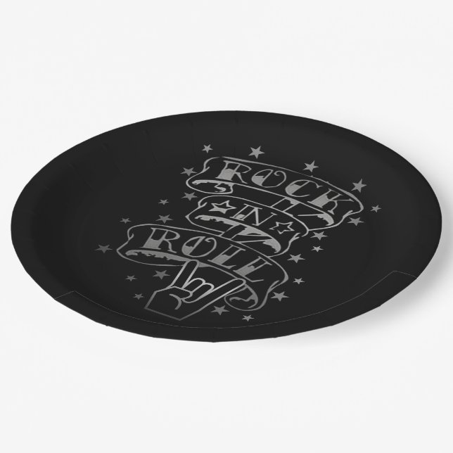 Black & Silver Rock & Roll Logo Paper Plates (Angled)