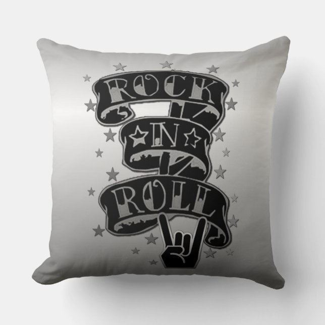 Black & Silver Rock & Roll Logo Throw Pillow (Front)