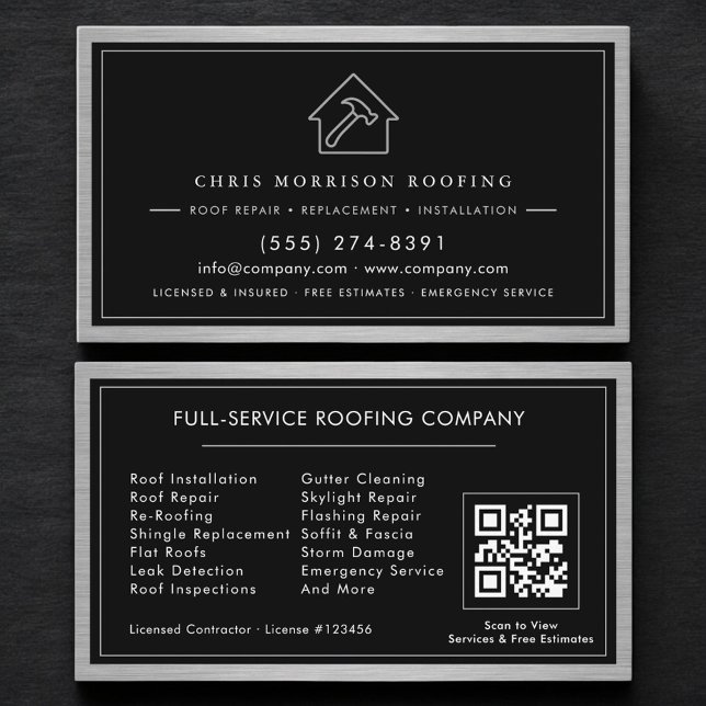 Black Silver Roofing Construction Services QR Code Business Card (Creator Uploaded)