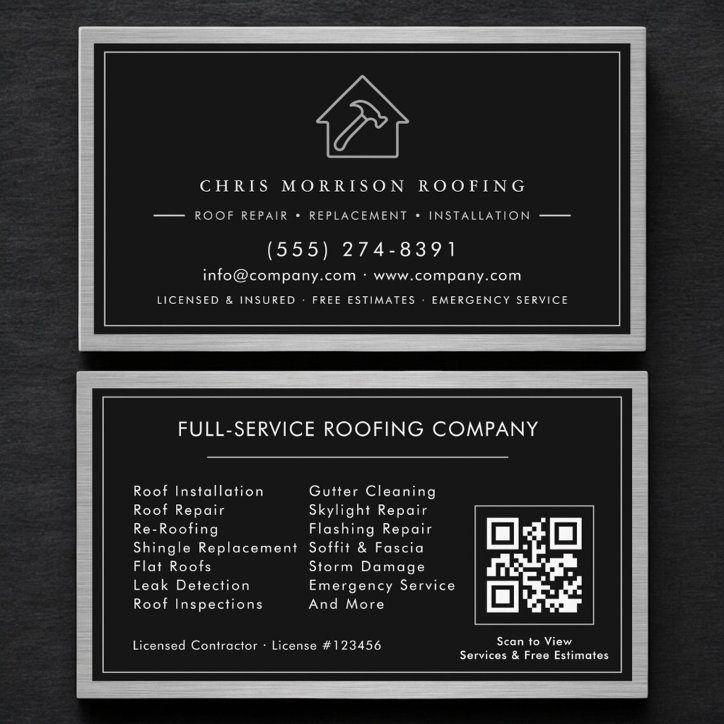 Black Silver Roofing Construction Services QR Code Business Card