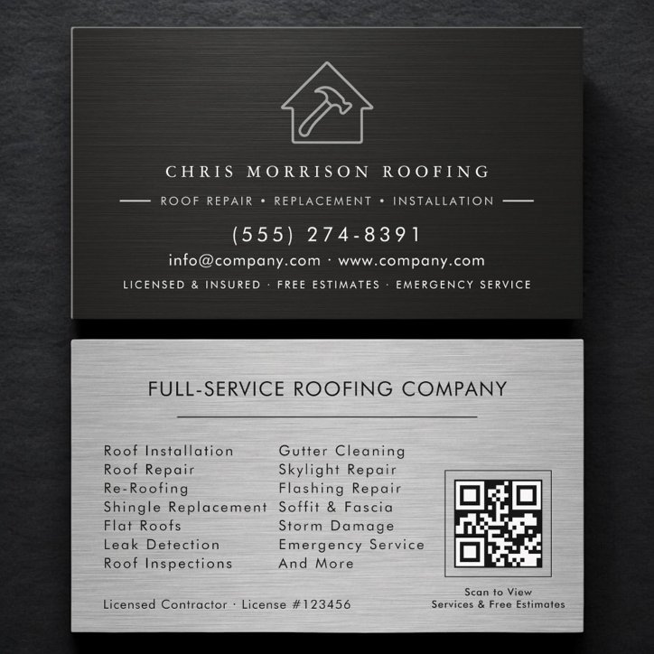 Black Silver Roofing Roofer Contractor QR Code Business Card