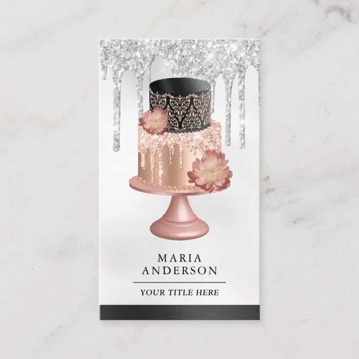 Black Silver Rose Gold Cake Pastry Chef Bakery Business Card 