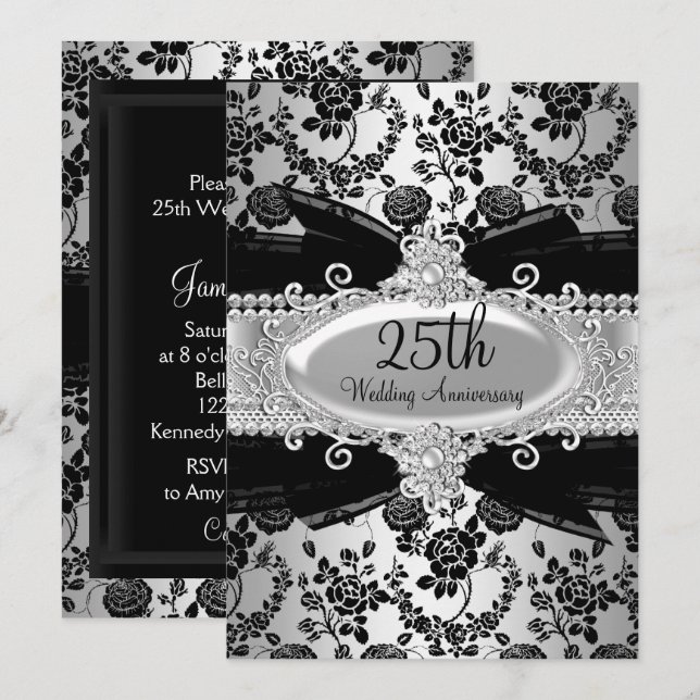 Black Silver Rose & Jewel 25th Anniversary Invite (Front/Back)