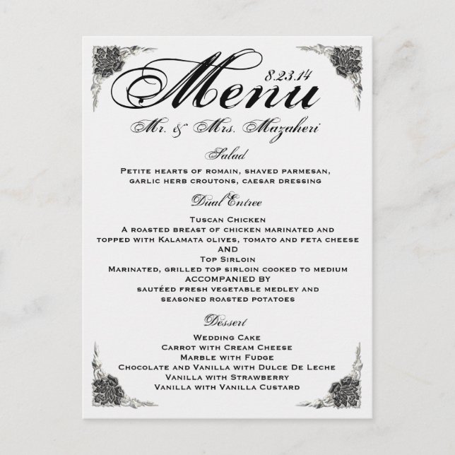 Black Silver Rose Wedding Dinner Menu Thank you (Front)