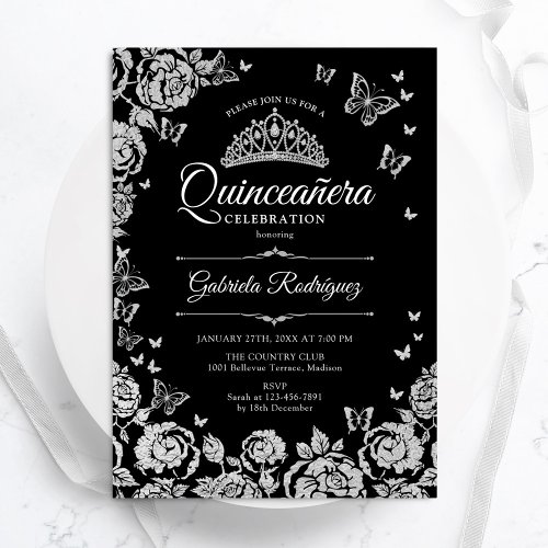 Black Silver Roses Butterflies Quinceanera Invitation