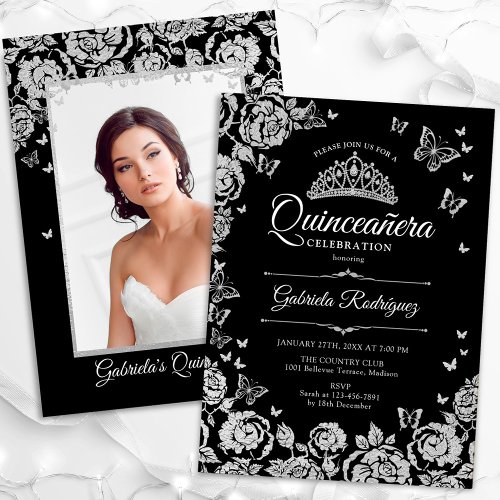 Black Silver Roses Butterflies Quinceanera Photo Invitation