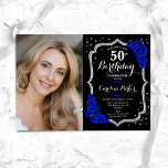 Black Silver Royal Blue Photo 50th Birthday Invitation<br><div class="desc">Elegant floral 50th birthday invitation with your photo. Glam black royal blue design with faux glitter silver. Features sapphire blue roses, script font and confetti. Perfect for a stylish adult bday celebration party. Personalise with your own details. Can be customised for any age! Printed Zazzle invitations or instant download digital...</div>