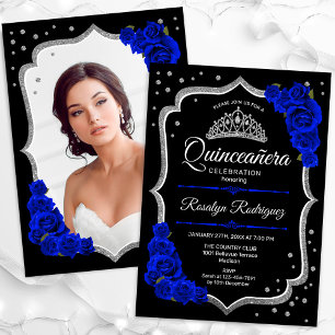Black Silver Royal Blue Photo Quinceanera Invitation