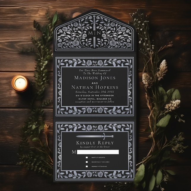 Black Silver Royal Medieval Sword Wedding  All In One Invitation (Creator Uploaded)