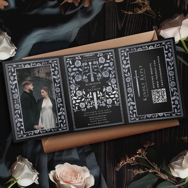 Black Silver Royal Medieval Sword Wedding QR Code Tri-Fold Invitation (Creator Uploaded)