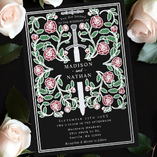 Black Silver Royal Sword Medieval Fantasy Wedding Foil Invitation