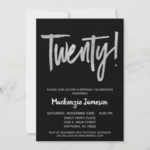 Black Silver Script 20th Birthday Party Invitation