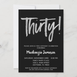 Black Silver Script 30th Birthday Party Invitation