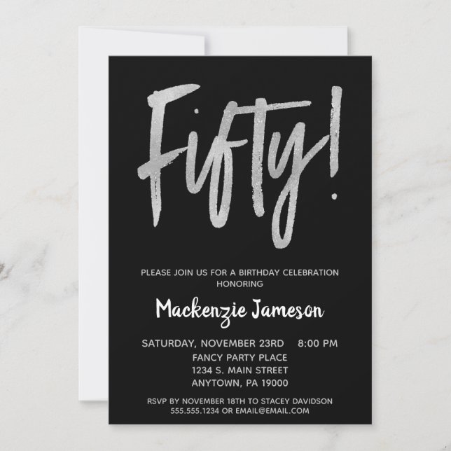 Black Silver Script 50th Birthday Party Invitation (Front)