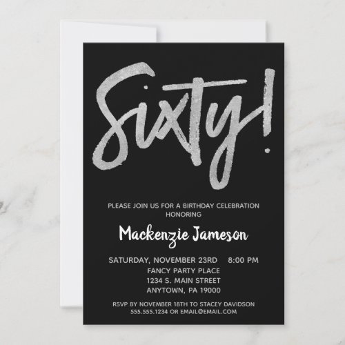 Black Silver Script 60th Birthday Party Invitation