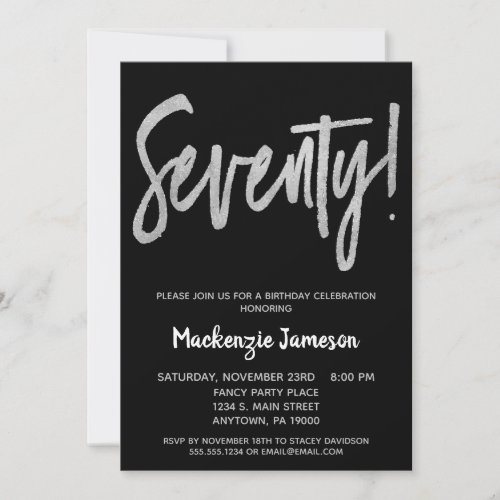 Black Silver Script 70th Birthday Party Invitation