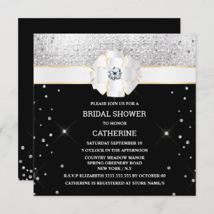 Black silver shimmer bow gold sparkle glitter  invitation