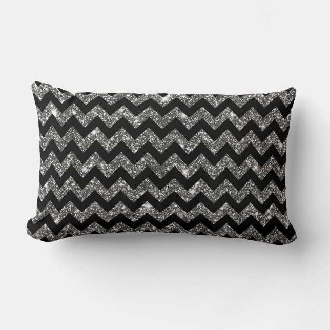 Black Silver Shining Faux Glitter Chevron Pattern Lumbar Pillow (Front)