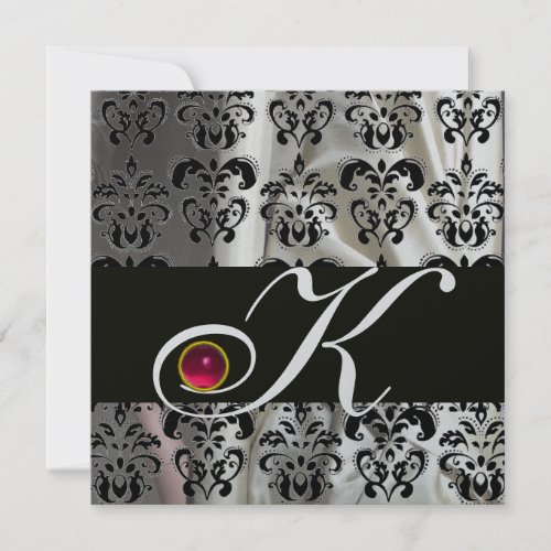 BLACK SILVER SILK DAMASK CLOTH MONOGRAM PINK RUBY INVITATION