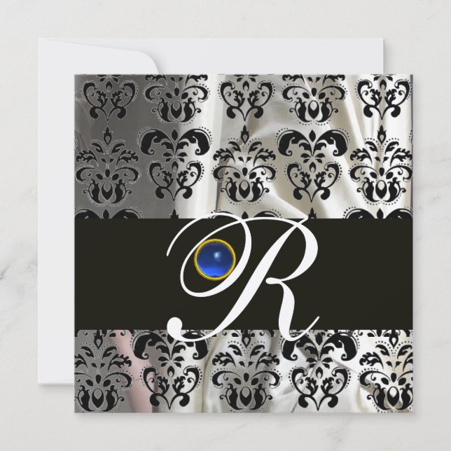 BLACK SILVER SILK DAMASK  MONOGRAM BLUE SAPPHIRE INVITATION (Front)
