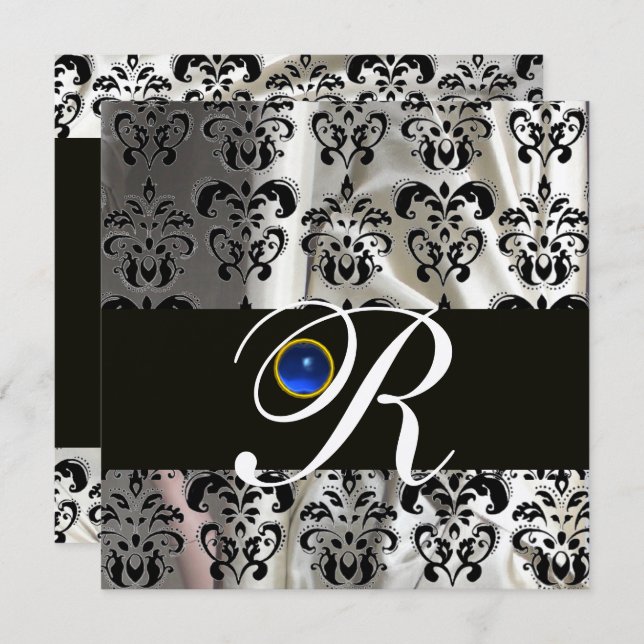 BLACK SILVER SILK DAMASK  MONOGRAM BLUE SAPPHIRE INVITATION (Front/Back)