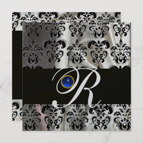 BLACK SILVER SILK DAMASK  MONOGRAM BLUE SAPPHIRE INVITATION