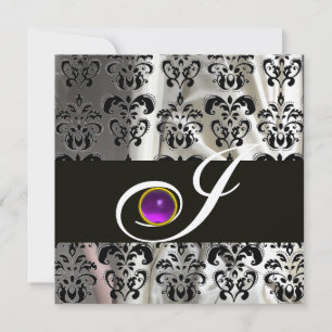 BLACK SILVER SILK DAMASK MONOGRAM PURPLE AMETHYST INVITATION