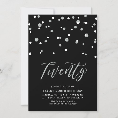 Black  Silver Simple Twenty 20th Birthday Party I Invitation