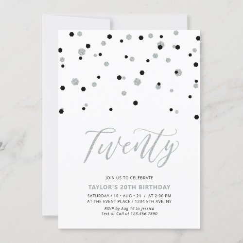 Black  Silver Simple Twenty 20th Birthday Party Invitation