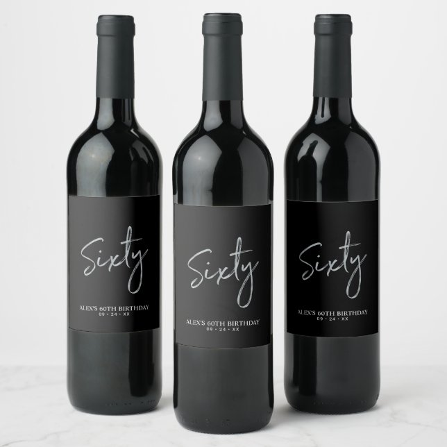 Black & Silver Sixty Lettering 60th Birthday Party Wine Label (Bottles)