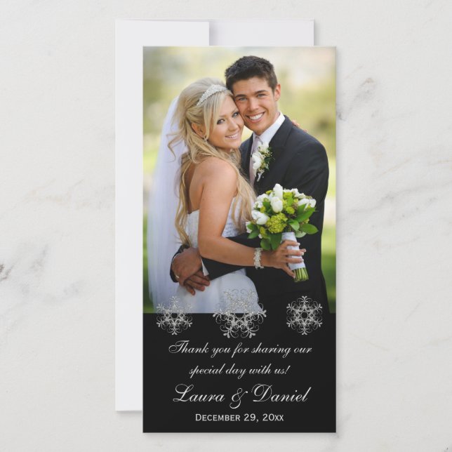 Black, Silver Snow Flakes Wedding Photo Card (Front)