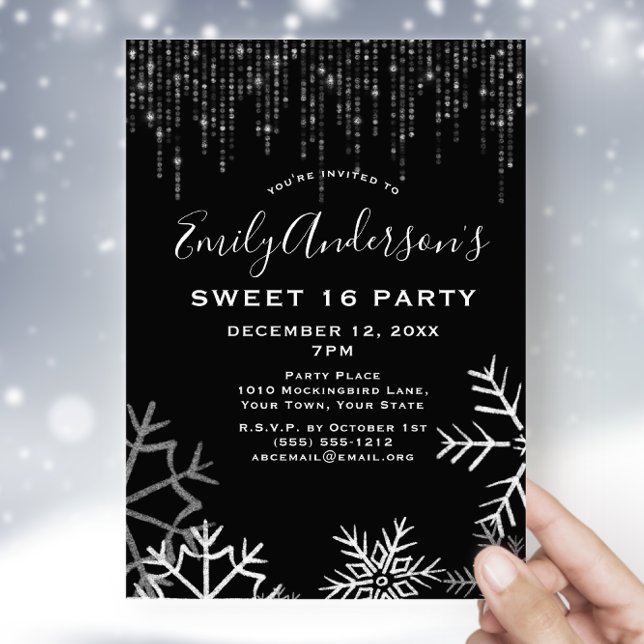 Black Silver Snow Ice Lights Winter Sweet 16  Invitation (Creator Uploaded)