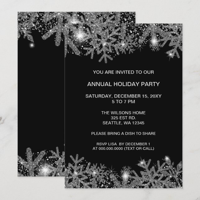 Black Silver Snowflakes Modern Holiday Party Invitation (Front/Back)