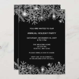 Black Silver Snowflakes Modern Holiday Party Invitation