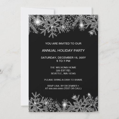 Black Silver Snowflakes Modern Holiday Party Invitation