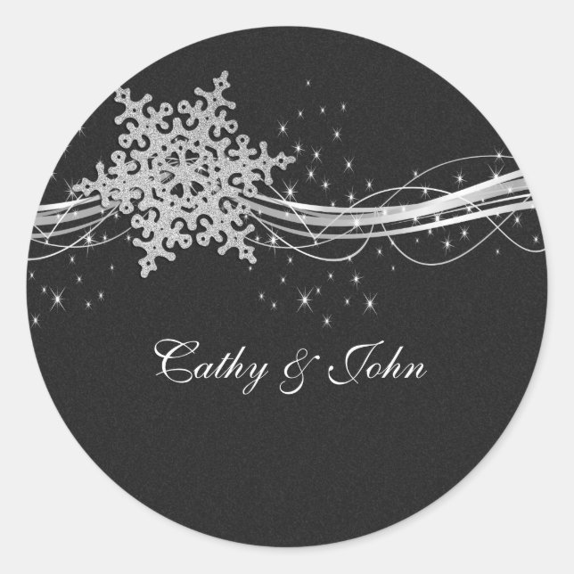 black Silver Snowflakes wedding favor stickers (Front)