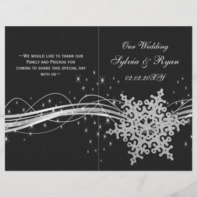 black Silver Snowflakes wedding programs folded (Front)